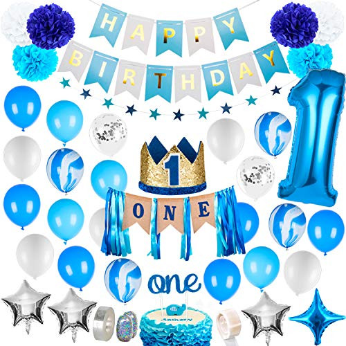 1st Birthday Boy Decorations - Baby Boy 1st birthday Party supplies blue decorations 67PCS with 1st Birthday Baby Crown, ONE Cake Topper, 1st Birthday Highchair Banner Decorations Happy Birthday Banner