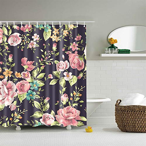 Shower Curtain Set with Hooks Pink Flowers Leaves Watercolor Floral Pattern Bathroom Decor Waterproof Polyester Fabric Bathroom Accessories Bath Curtain 72 x 72 Inches