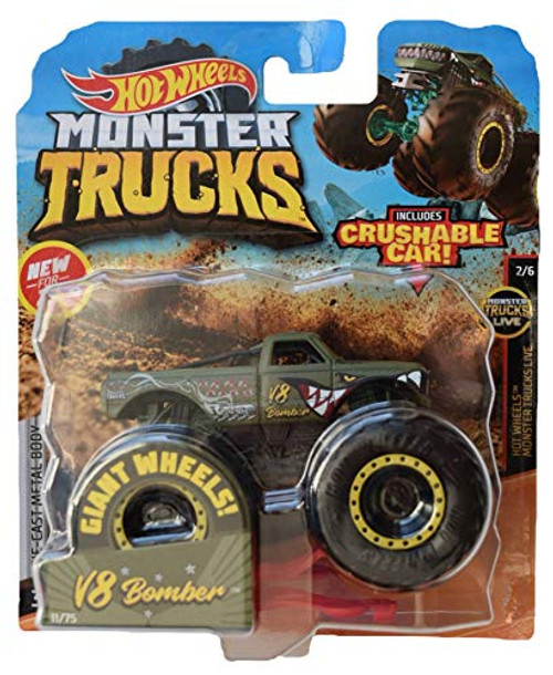 Hot Wheels Monster Trucks 1:64 Scale V8 Bomber Crushable Car, Green Hot Wheels Monster Trucks 1:64 Scale V8 Bomber Crushable Car, Green