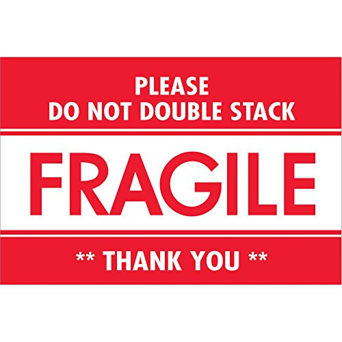 "Fragile - Do Not Double Stack" Labels/Stickers, 2" x 3", Red/White, 500 Labels Per Roll (1 Roll)