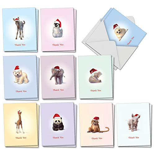 Christmas Zoo Babies - Box of 20 Blank Note Cards with Envelopes (4 x 5.12 Inch) - Assorted Holiday and Christmas Cards - Adorable Baby Animal Cards for Kids (10 Designs, 2 Each) AM6726XTB-B2x10