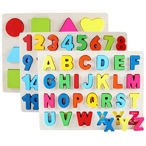 Montessori Wooden Puzzle Toddler Toys Set 3 in 1 Wood Big Numbers Shapes Alphabet ABC Toddlers Puzzles Board Montessori Preschool Educational Kindergarten Board Learning Toy for Boys Girls Ages 3+