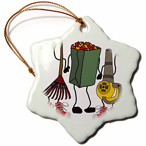 3dRose" Funny Cute Blower, Rake, and Leaf Bag Cartoon Characters Snowflake Ornament, 3"