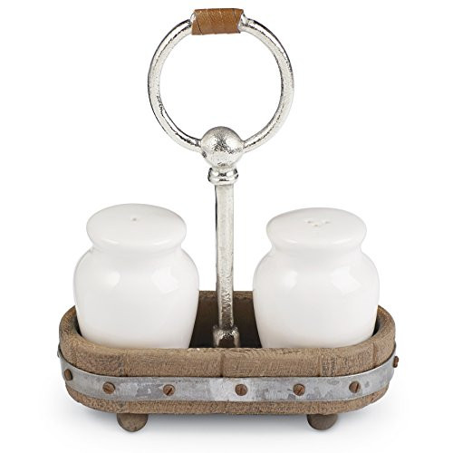 Mud Pie 4514009 Ceramic Salt and Pepper Set in Wood Caddy, White