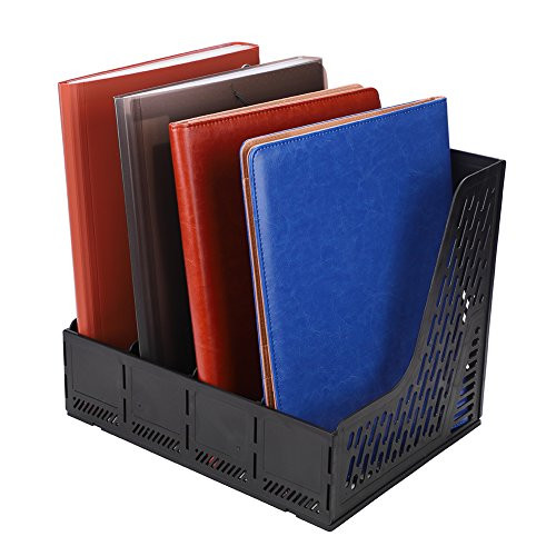 4 Compartments File Holder Plastic File Holder Magazine Desk File Holder Organizer Box Folder Holder Home Office Desktop File Sorter Book Document Divider Organizer Box (Black)