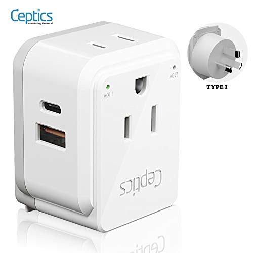 Australia, China, New Zealand Travel Plug Adapter Set by Ceptics, Safe Dual USB & USB-C 3.1A - 2 USA Socket - Compact & Powerful - Use in Fiji, Argentina - Includes Type I Swadapt Attachments