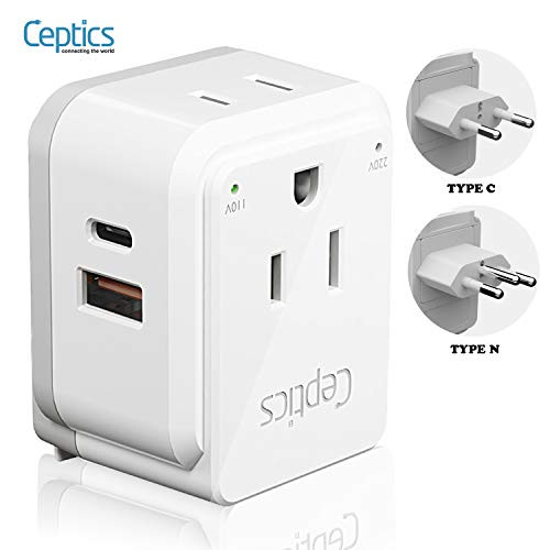 Brazil Travel Plug Adapter Set by Ceptics PK8-BR, Safe Dual USB & USB-C 3.1A - 2 USA Socket - Compact & Powerful - Also Use in Peru, Chile - Includes Type C, Type N Swadapt Attachments
