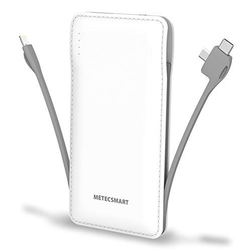 10000mAh Portable Charger, Ultra Slim USB C Power Bank, 4 Output External Battery Pack,Built in Micro and USB C Three Cables Compatible with All mobilephones iPhones X XR MAX