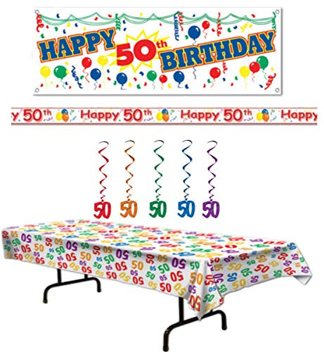 50th Birthday Party Decoration Kit: Bundle Includes Banner, Table Cover, Warning Tape and Hanging Whirls