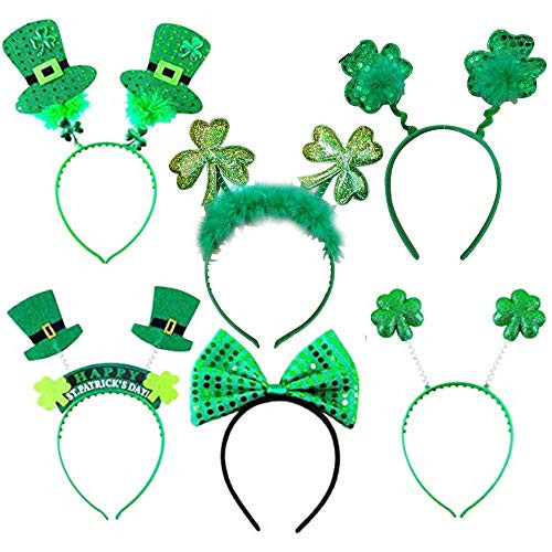 6 Pack St. Patrick's Day Green Shamrock Clover Headbands Irish Top Hat Saint Patrick's Costume Accessories Party Favors Decorations