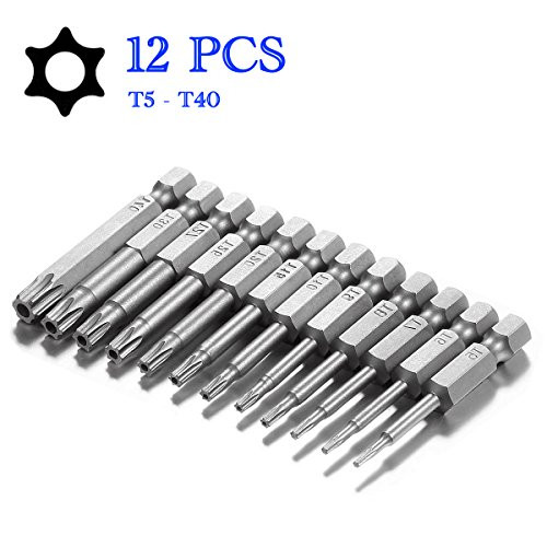 Torx Head Screw Driver Bit Set, Sihek 12pcs 1/4 Inch Hex Shank T5-T40 2 Inch Length S2 Steel Torx Security Head Screwdriver Drill Set Bits