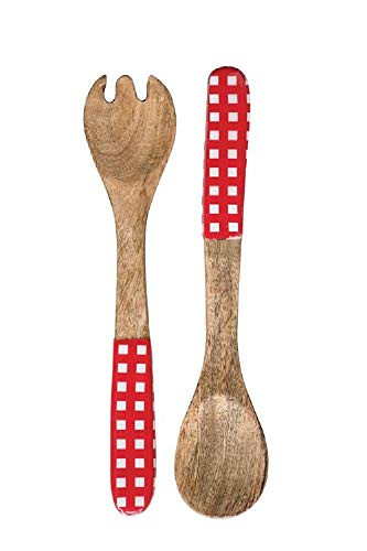 Mango Wood Salad Servers with Red Enameled Gingham Handles - Set of 2