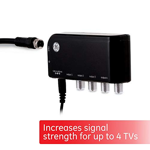 GE 4-Way TV Antenna Amplifier Splitter Clears Up Pixelated Low-Strength Channels Distributes Signal to Multiple TVs 50-1006MHz Low Noise Antenna Signal Booster HD Digital VHF UHF Indoor 34479