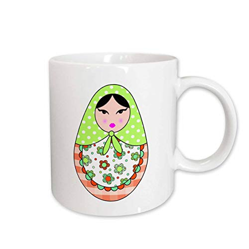 3dRose Cute Russian Matryoshka Nesting Doll Black Hair Warm Colors White Ceramic Mug, 15-Ounce