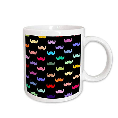 3dRose Colorful Rainbow Mustache Pattern on Black, Hipster Mustaches, Ceramic Mug, 15-Oz