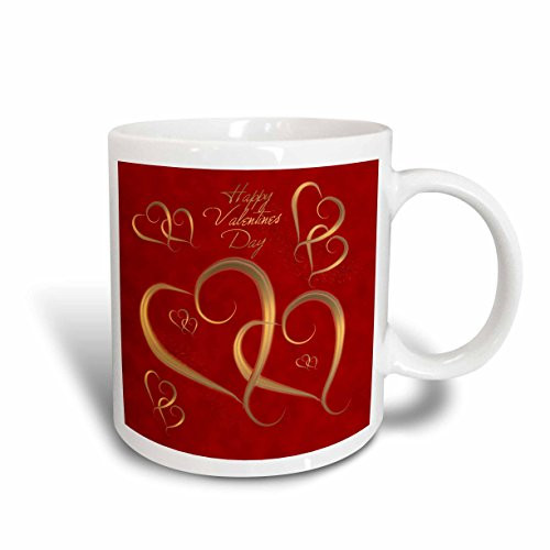 3dRose Golden Hearts Entwined on a Mottled Red Background with Happy Valentines Day Mug, 11-Ounce