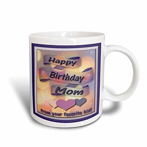 3dRose Happy Birthday Mom from Your Favorite Kid Ribbon and Hearts Ceramic Mug, 11-Ounce
