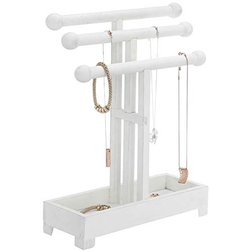 MyGift 3-Tier Vintage White Wood T-Bar Jewelry Display Stand with Ring Tray