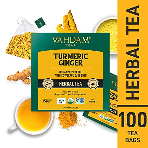 VAHDAM, Turmeric + Ginger POWERFUL SUPERFOOD Herbal Tea, 100 Count | Turmeric Tea Bags | Herbal Tea Bags | POWERFUL Wellness & Healing Properties of TURMERIC TEA with GINGER | Detox Tea