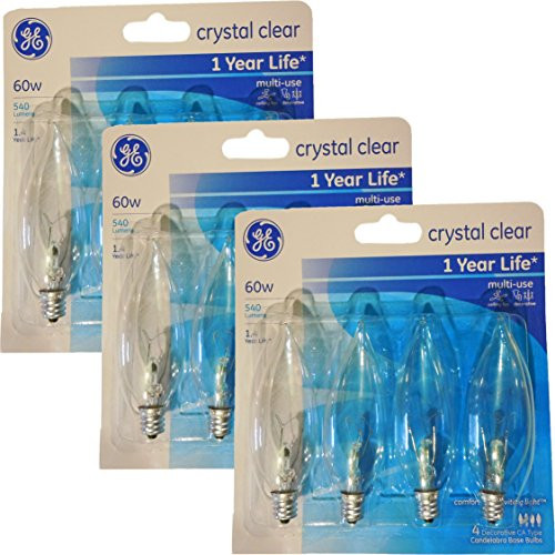GE 60 Watt Crystal Clear Decorative Bent Tip Light Bulbs, Candelabra Base (12 Pack) (60 Watts) GE 60 Watt Crystal Clear Decorative Bent Tip Light Bulbs, Candelabra Base (12 Pack) (60 Watts)