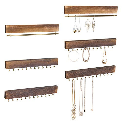 MyGift Rustic Burnt Wood 6-Piece Wall-Mounted Jewelry Rack Set