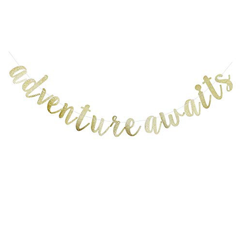 Adventure Awaits Banner, Gold Glitter Sign Garlands for Travel Theme Party, Moving/Graduation/Retirement Party Supplies Decorations