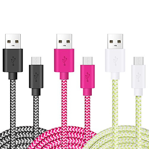 OKRAY Micro USB Charging Cable, 3 Pack 6ft High Speed Micro USB 2.0 Data Cable Round Nylon Braided Charging Cord for Android, Samsung Galaxy, HTC, Google Nexus, LG, and More (Black White Hot Pink)