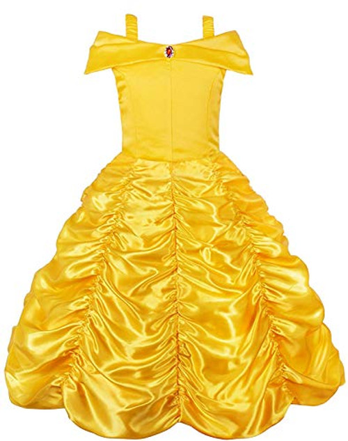 MYZLS Belle Princess Layered Costumes Girls Cosplay Party Dress up Shoulder Outfits Yellow,110 3-4 Years