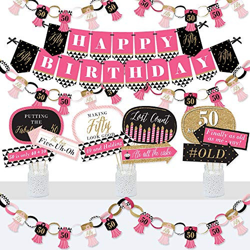 Big Dot of Happiness Chic 50th Birthday - Pink, Black and Gold - Banner and Photo Booth Decorations - Birthday Party Supplies Kit - Doterrific Bundle