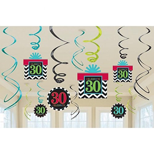Must-Have Chevron and Stripes 30th Birthday Party Hanging Swirl Ceiling Decoration, Pack of 12, Multi , 9.6" X 2.9" foil