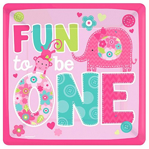 One Wild Girl 1st Birthday Square Plates, 8 Pieces, Made from Paper, One Wild Girl/Pink Theme Party, 10" by Amscan