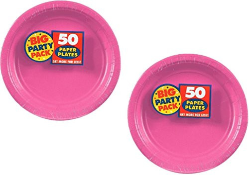 Amscan Big Party Pack 100 Count Paper Dessert Plates, 7-Inch, Bright Pink