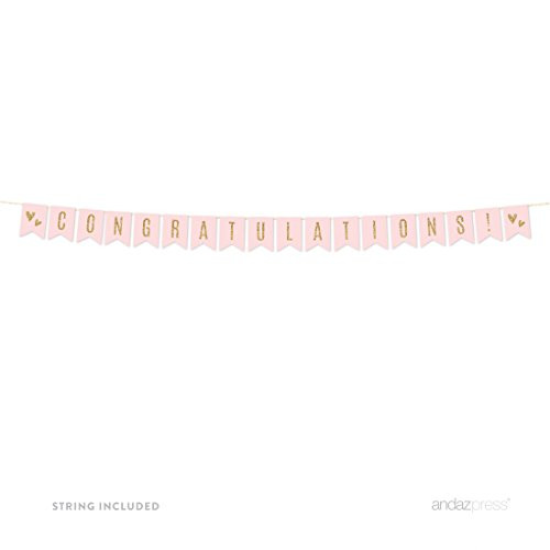 Andaz Press Blush Pink Gold Glitter Print Wedding Collection, Hanging Pennant Party Banner with String, Congratulations!, 5-Feet, 1 Set