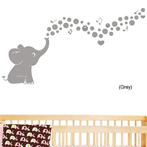 YOYOJOY One Lucky Elephant Family Wall Decal with Hearts Music Quote Art Baby Nursery Wall Decor (Grey)