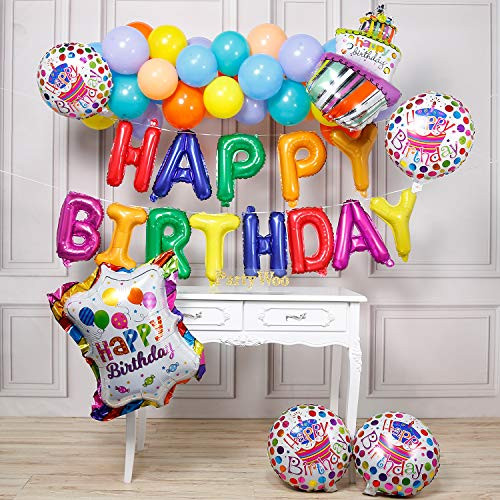 PartyWoo Happy Birthday Balloons, 37 pcs Happy Birthday Mylar Balloons, Happy Birthday Letter Balloons, Happy Birthday Foil Balloons, Colorful Happy Birthday Banner for Rainbow Birthday Decorations