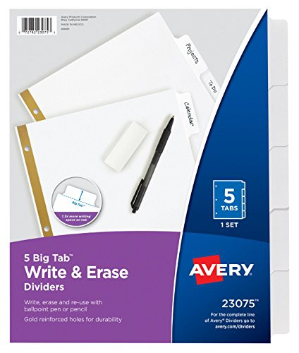 Avery Big Tab Write & Erase Dividers, 5 White Tabs, Case Pack of 48 Sets (23075)