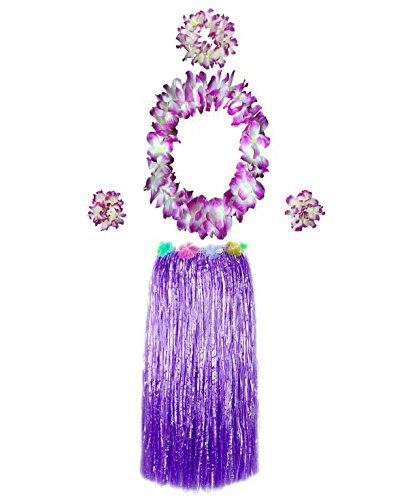 Hawaiian Luau Hula Grass Skirt with Large Flower Costume Set for Dance Performance Party Decorations Favors Supplies (32" - Purple)