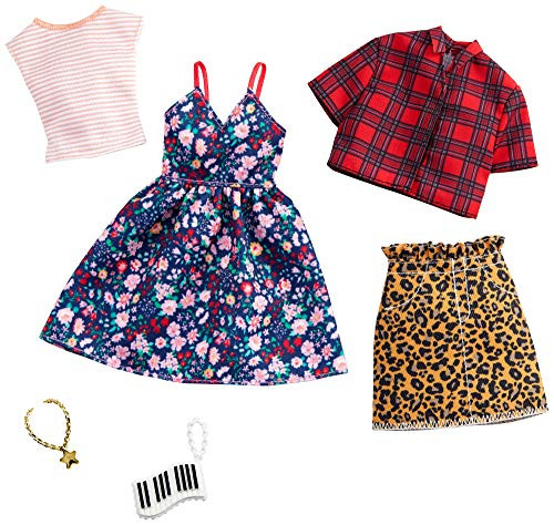 Barbie Clothes: 2 Outfits Doll Include A Floral Dress, Striped T-Shirt, Animal-Print Skirt, Plaid Top, Piano Key Purse and Necklace, Gift for 3 to 8 Year Olds? Barbie Clothes: 2 Outfits Doll Include A Floral Dress, Striped T-Shirt, Animal-Print Skirt, Plaid Top, Piano Key Purse and Necklace, Gift for 3 to 8 Year Olds?
