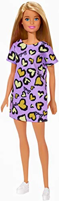 ?Barbie Doll, Blonde, Wearing Purple and Yellow Heart-Print Dress and Platform Sneakers, for 3 to 7 Year Olds ?Barbie Doll, Blonde, Wearing Purple and Yellow Heart-Print Dress and Platform Sneakers, for 3 to 7 Year Olds