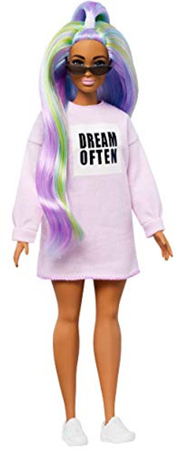 Barbie Fashionistas Doll with Long Rainbow Hair Wearing Sweatshirt Dress and Accessories, for 3 to 8 Year Olds? Barbie Fashionistas Doll with Long Rainbow Hair Wearing Sweatshirt Dress and Accessories, for 3 to 8 Year Olds?
