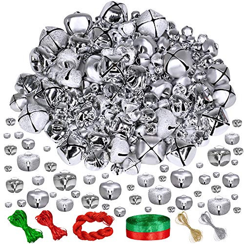Winlyn 180 Pcs Christmas Sliver Jingle Bells Bulk Craft Bells Metal Bells 7 Sizes 6mm 8mm 10mm 12mm 15mm 20mm 25mm and 3 Styles Shiny Matte Frosted with Ribbon for Sliver Xmas Tree Ornaments Craft