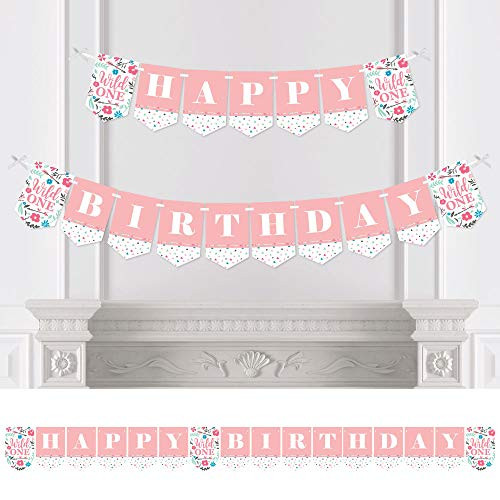 Big Dot of Happiness She's a Wild One - Boho Floral 1st Birthday Party Bunting Banner - Birthday Party Decorations - Happy Birthday