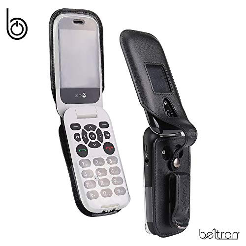 BELTRON Leather Fitted Case for Consumer Cellular Doro 7050, Tracfone Doro 7050L Flip Phone - Features: Rotating Belt Clip, Screen & Keypad Protection & Secure Fit (Black)