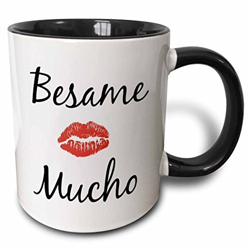3dRose 201930_4"Besame Mucho Kiss Me in Spanish Picture of Red Lips Back Ceramic Mug, 11 oz, Black/White