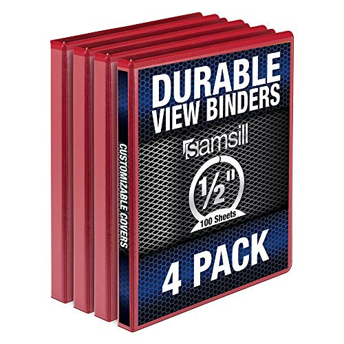 Samsill Durable .5 Inch Binder Red Round Ring Binder / Customizable Clear View Binder / Bulk Binder 4 Pack / 3 Ring Red Binder / Half Inch Binder