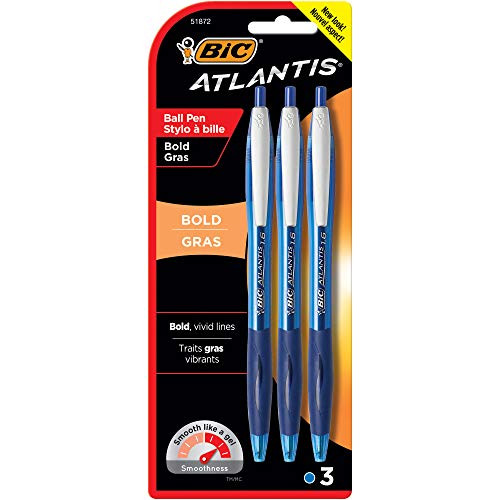 BIC Atlantis Bold Retractable Ball Pen, Bold Point (1.6mm), Blue, 3-Count