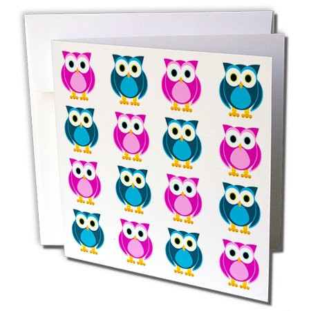 3dRose Blue and Pink Owls Print - Greeting Cards, 6 x 6 inches, set of 6 (gc_6080_1)
