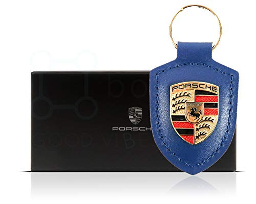 Boxiti Genuine Key Chain Ring for Porsche Vehicle Keys (82mm x 43mm) Porsche Crest Keyfob with Fine Blue Leather Fob for Porsche Owners