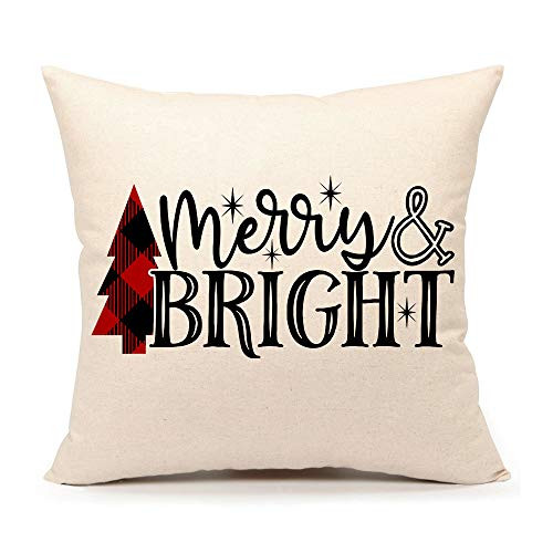 4TH Emotion Christmas Saying Merry Bright Throw Pillow Cover Red Buffalo Check Tree Cushion Case for Sofa Couch 18x18 Inches Cotton Linen