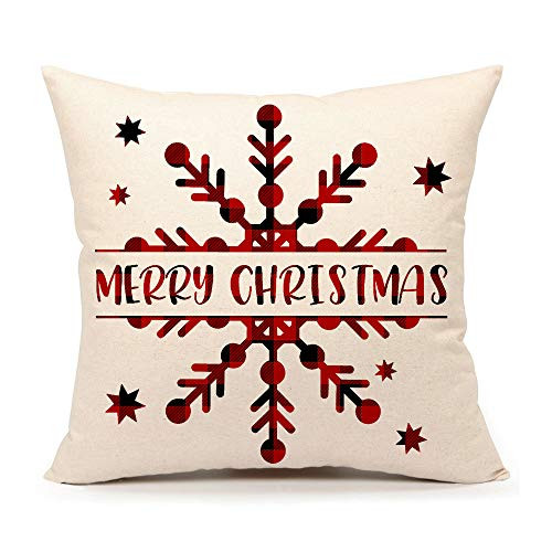 4TH Emotion Red Black Buffalo Check Christmas Snowflake Throw Pillow Cover Cushion Case for Sofa Couch 18x18 Inches Cotton Linen